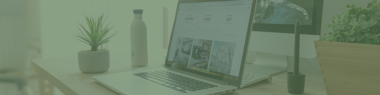 Open laptop displaying graphs on a desk with a plant, water bottle, and pen holder, all against the backdrop of a Melbourne Web Design office setup.