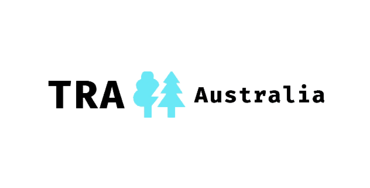 Logo with the text TRA Australia featuring two stylized blue trees between the words—perfect for showcasing modern aesthetics akin to Melbourne Web Design.