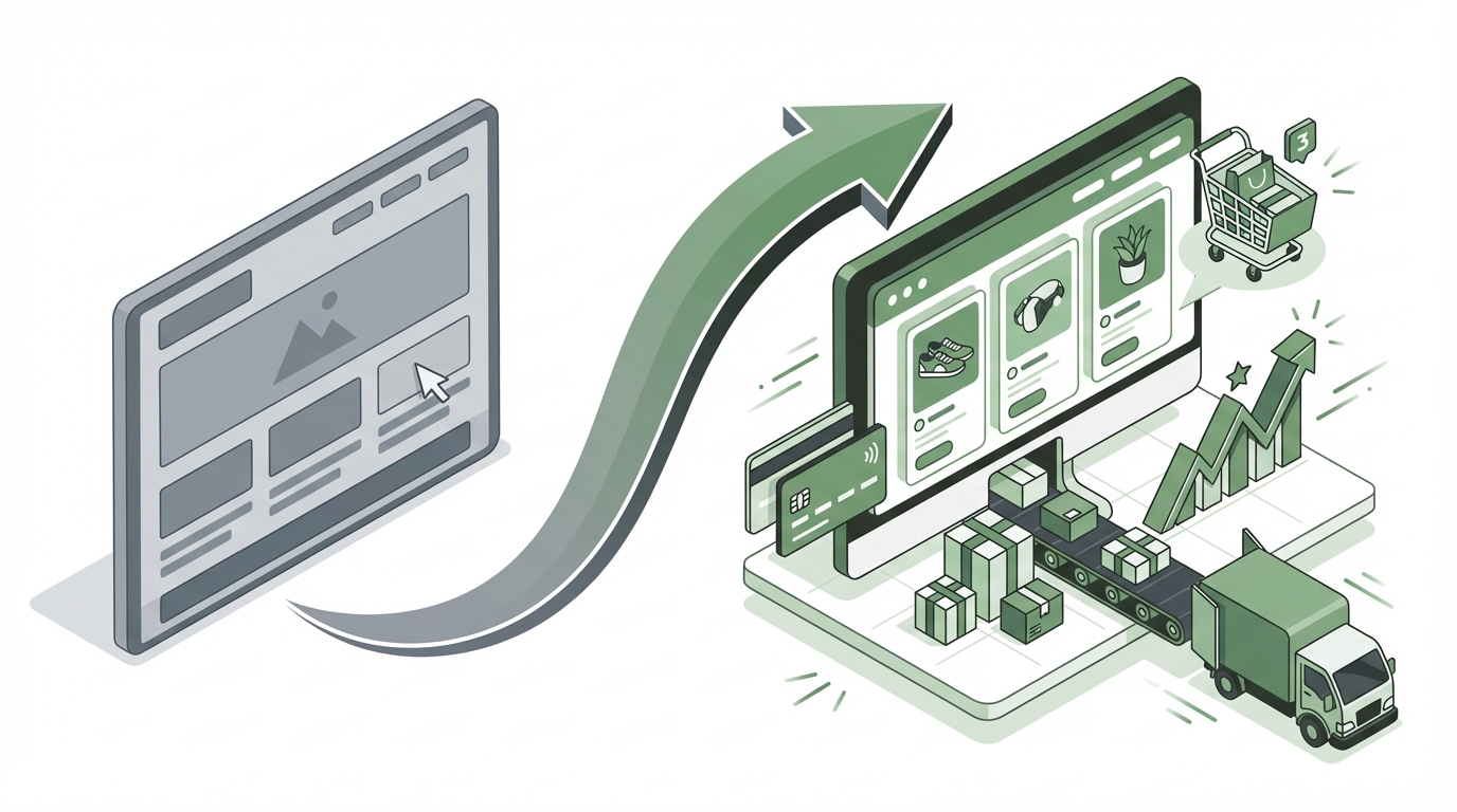 Ecommerce Agency Melbourne 12 Smashed Avo Illustration showing the transformation from a static website brochure to a dynamic ecommerce revenue engine