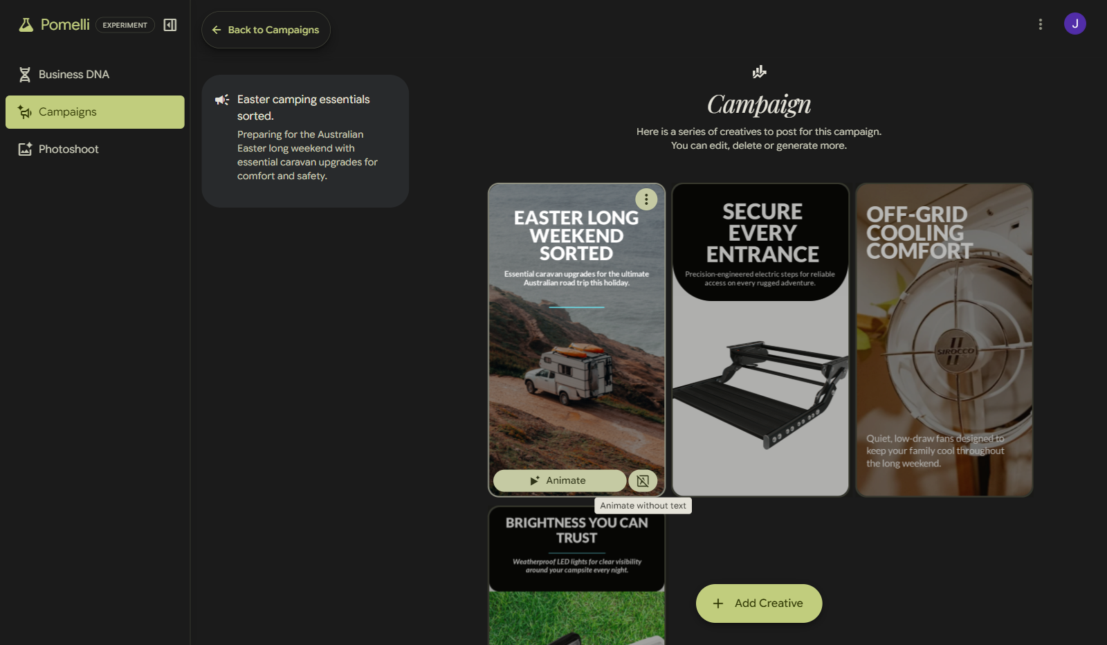 Three campaign concepts generated by Pomelli for TRA Australia