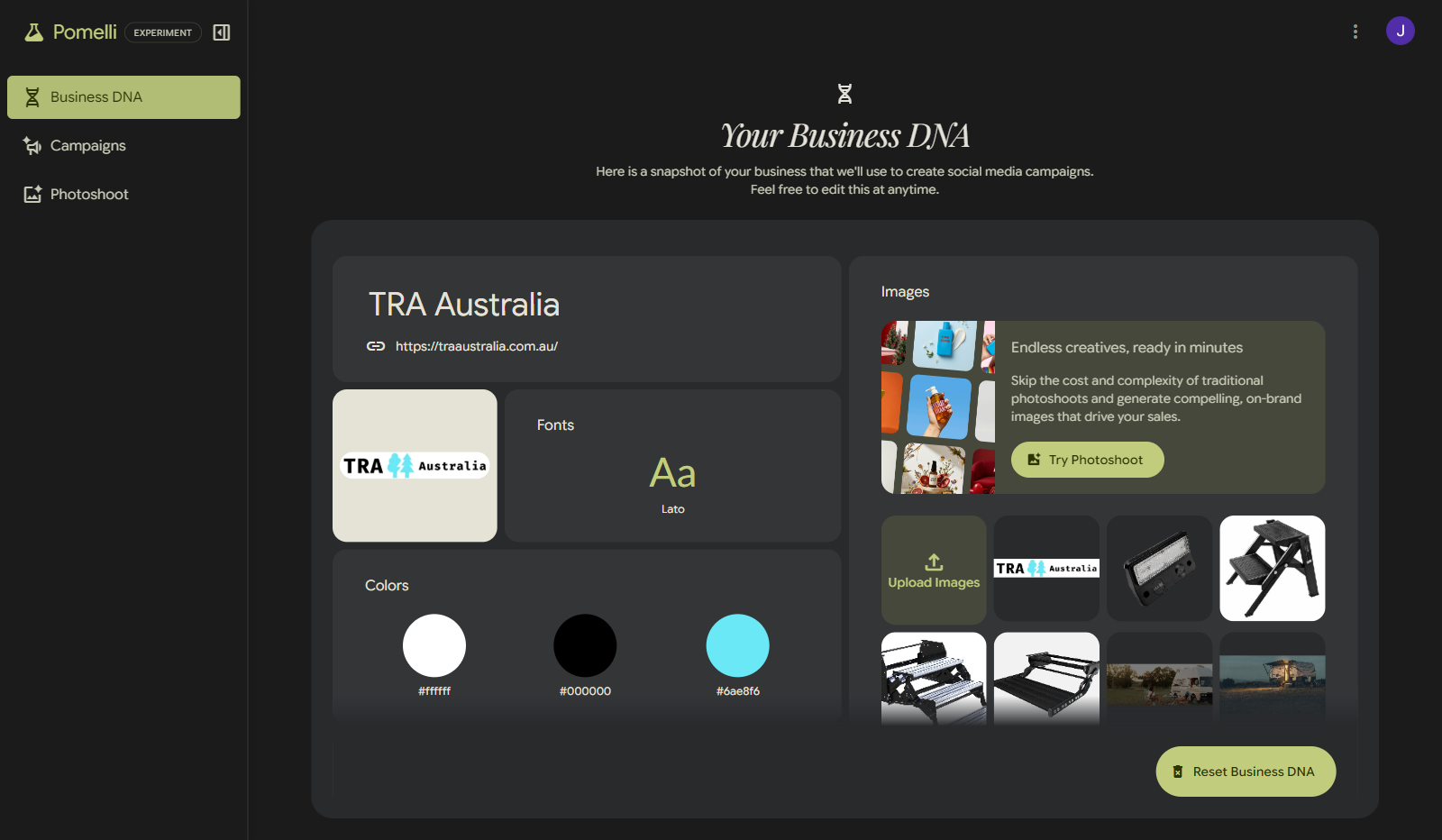 Pomelli extracted TRA Australia brand profile showing logo, colours, fonts, and brand values