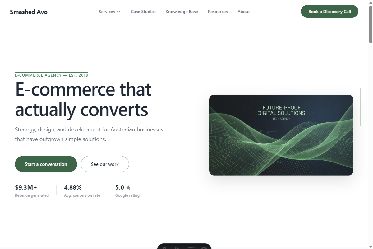 We Tested Google Stitch On Our Own Website: Here'S What The Ai Design Tool Actually Produces 2 Smashed Avo Smashed Avo homepage hero section showing E-commerce that actually converts headline