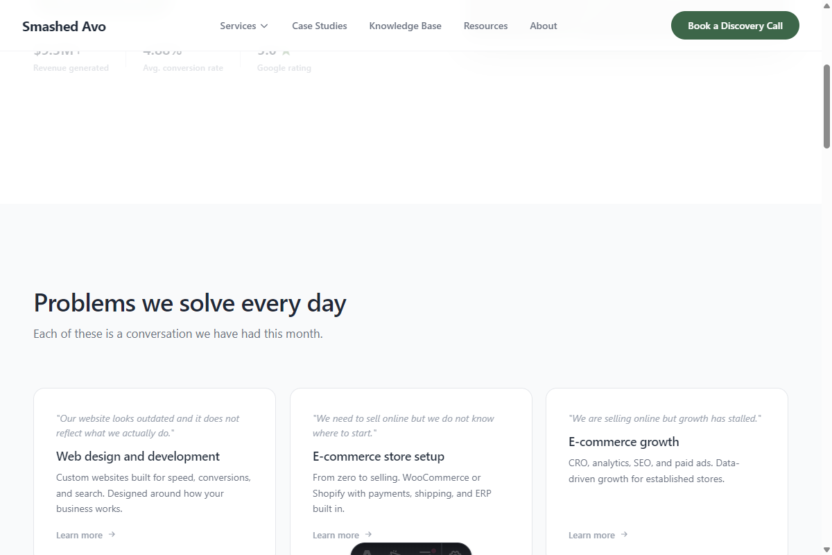 We Tested Google Stitch On Our Own Website: Here'S What The Ai Design Tool Actually Produces 3 Smashed Avo Smashed Avo services bento grid showing Problems we solve every day section