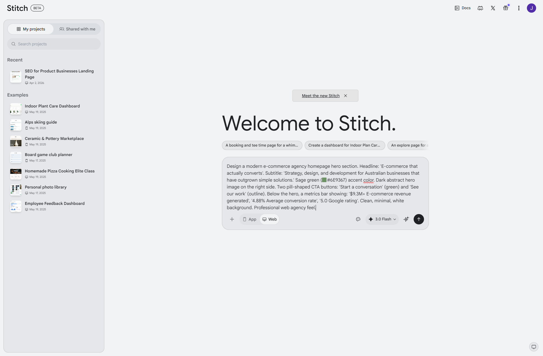 We Tested Google Stitch On Our Own Website: Here'S What The Ai Design Tool Actually Produces 4 Smashed Avo Text prompt entered in Google Stitch for hero section test