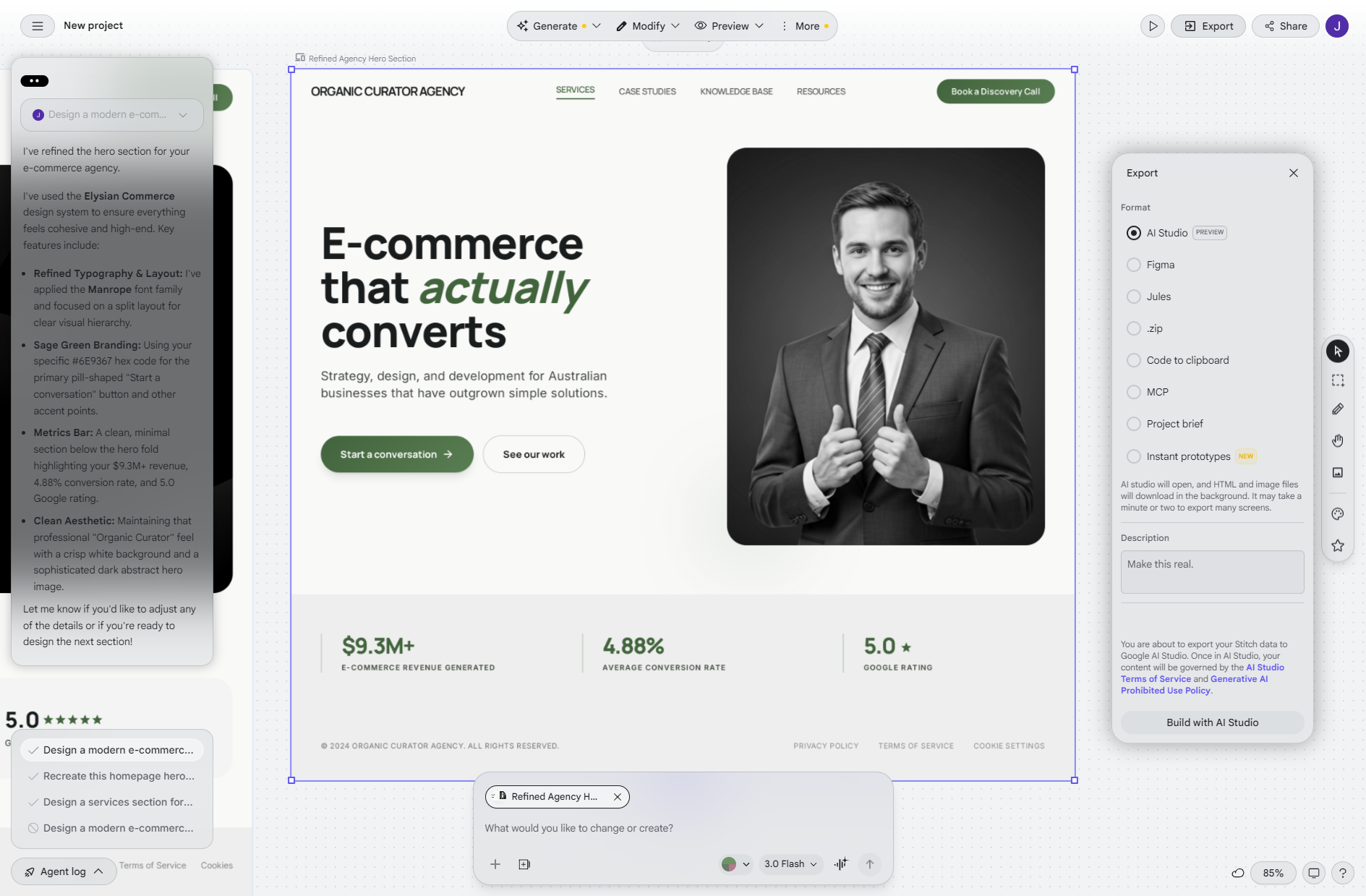 We Tested Google Stitch On Our Own Website: Here'S What The Ai Design Tool Actually Produces 9 Smashed Avo Google Stitch export options panel showing HTML, Figma, and other formats
